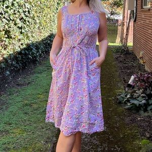 Vintage Lavender & Pink Floral Cotton Lace Sundress April Cornell XS POCKETS!!